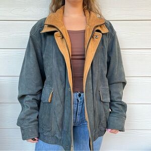 Excelled Green and Tan Leather Bomber Jacket